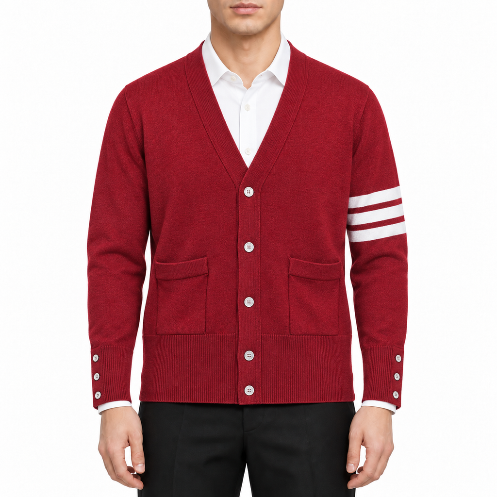 Classic cardigan by Thom Browne, modeled on a pure white background
