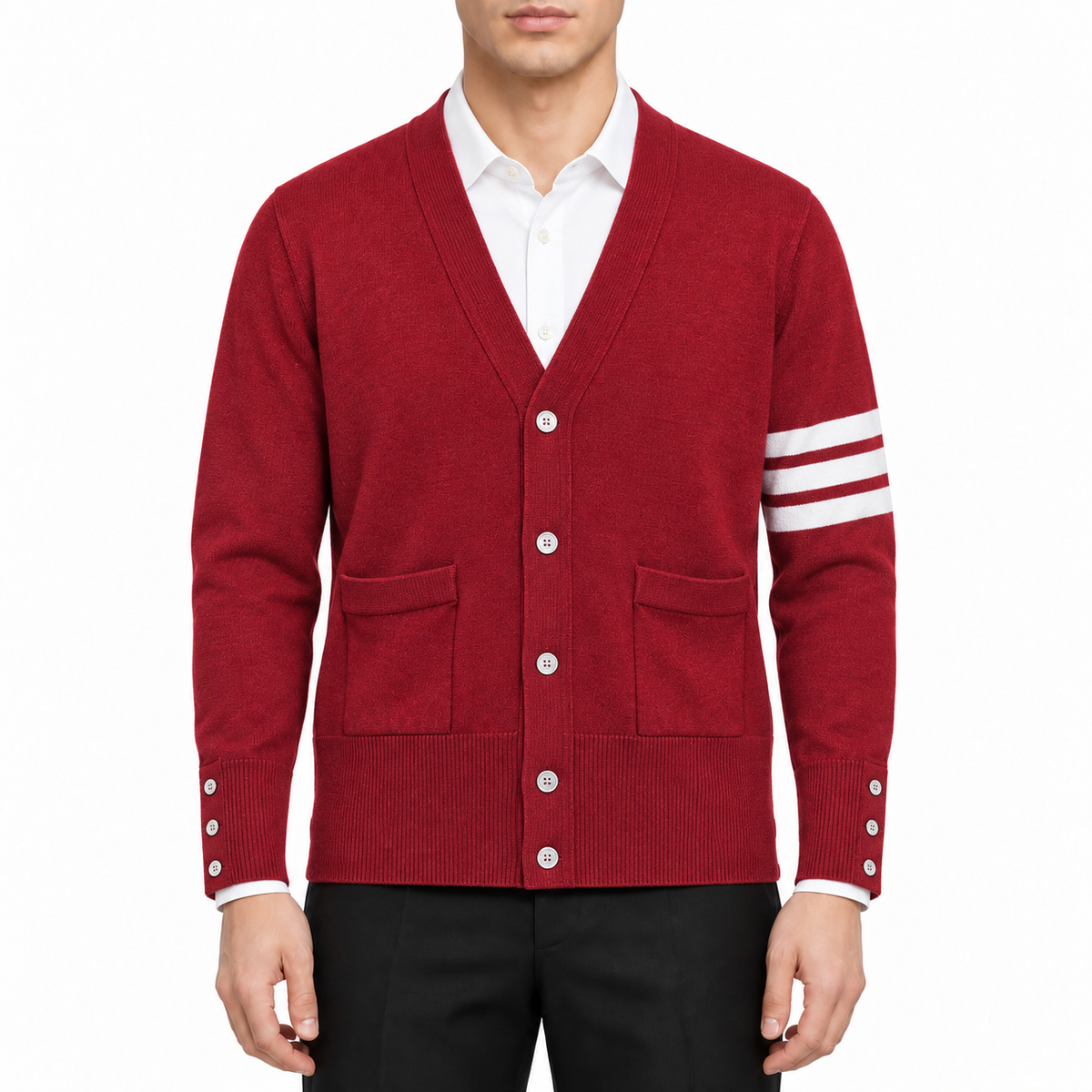 Classic cardigan by Thom Browne, modeled on a pure white background