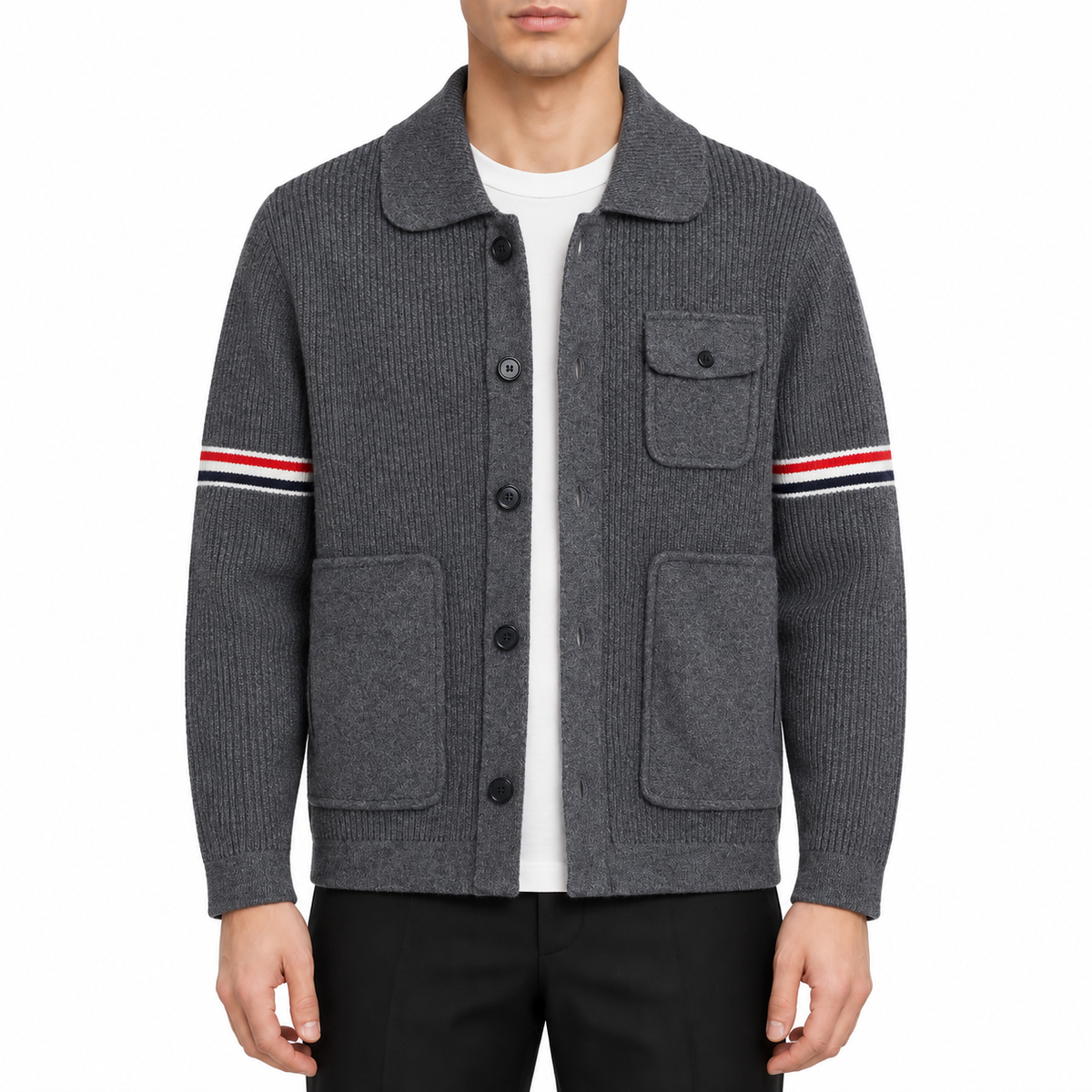 Men's coat by Thom Browne, modeled on a pure white background
