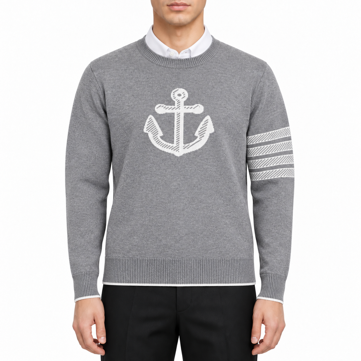 Anchor sweater by Thom Browne, modeled on a pure white background