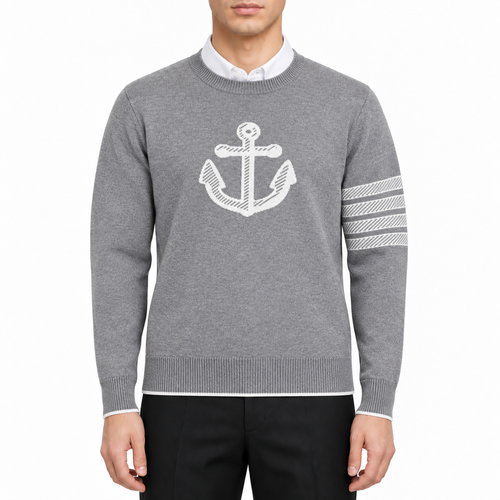 Anchor sweater by Thom Browne, modeled on a pure white background