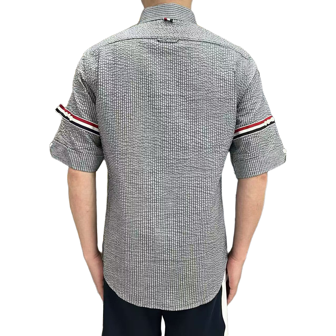 Men's Seersucker Oxford Shirt - Premium Cotton Button Front Dress Shirt by Thom Browne, shirt detail view