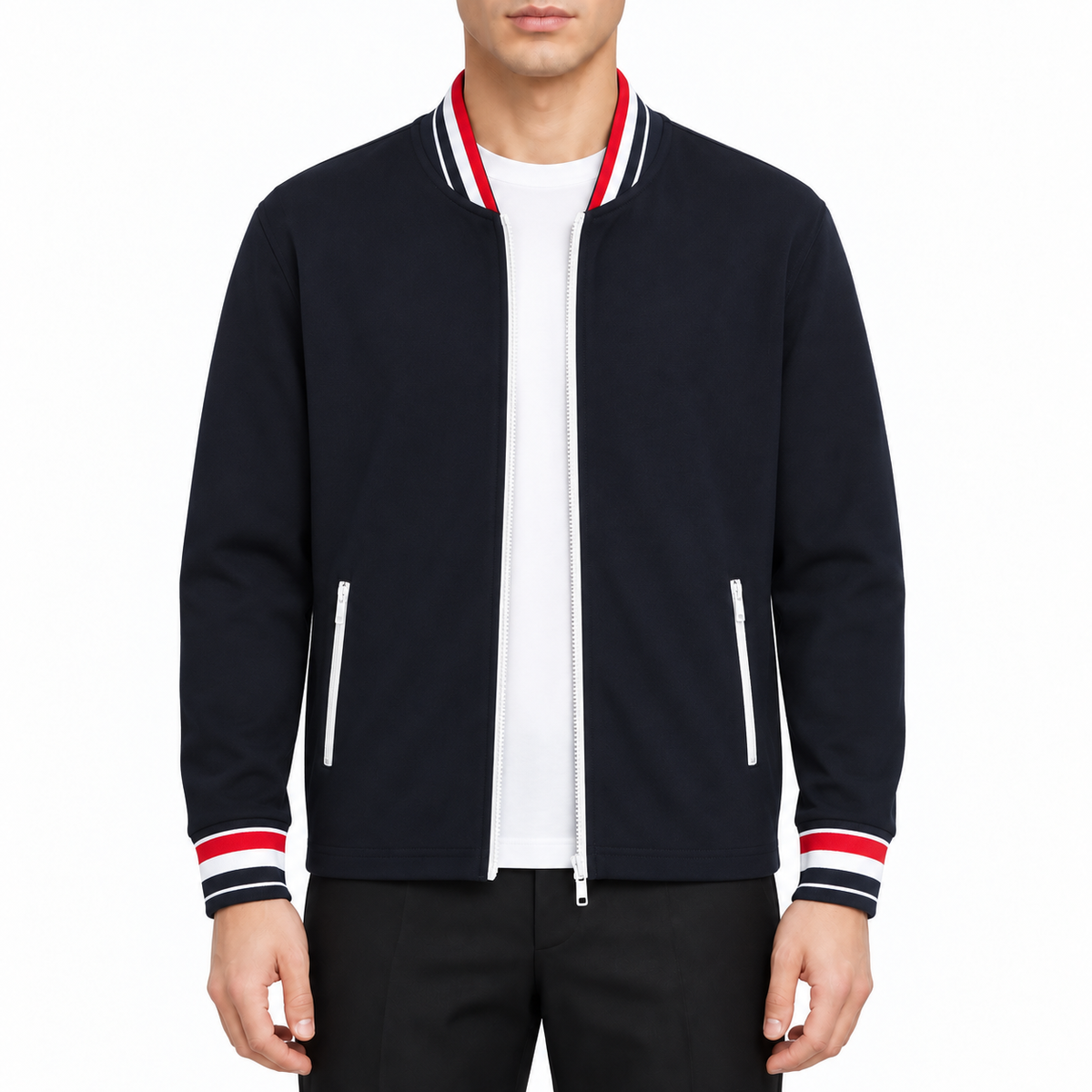 Men's jacket by Thom Browne, modeled on a pure white background