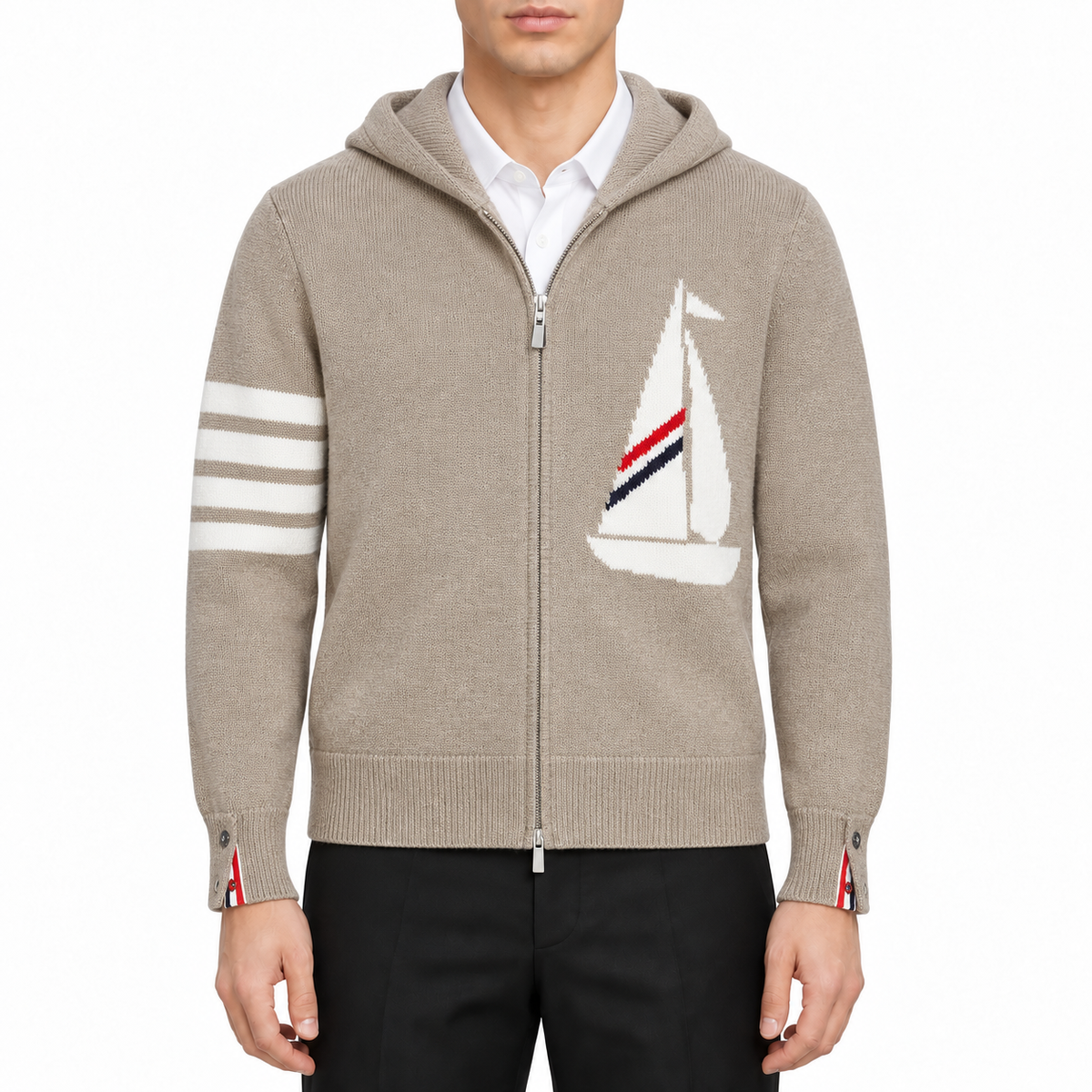 Men's Anchor Cardigan by Thom Browne, modeled on a pure white background