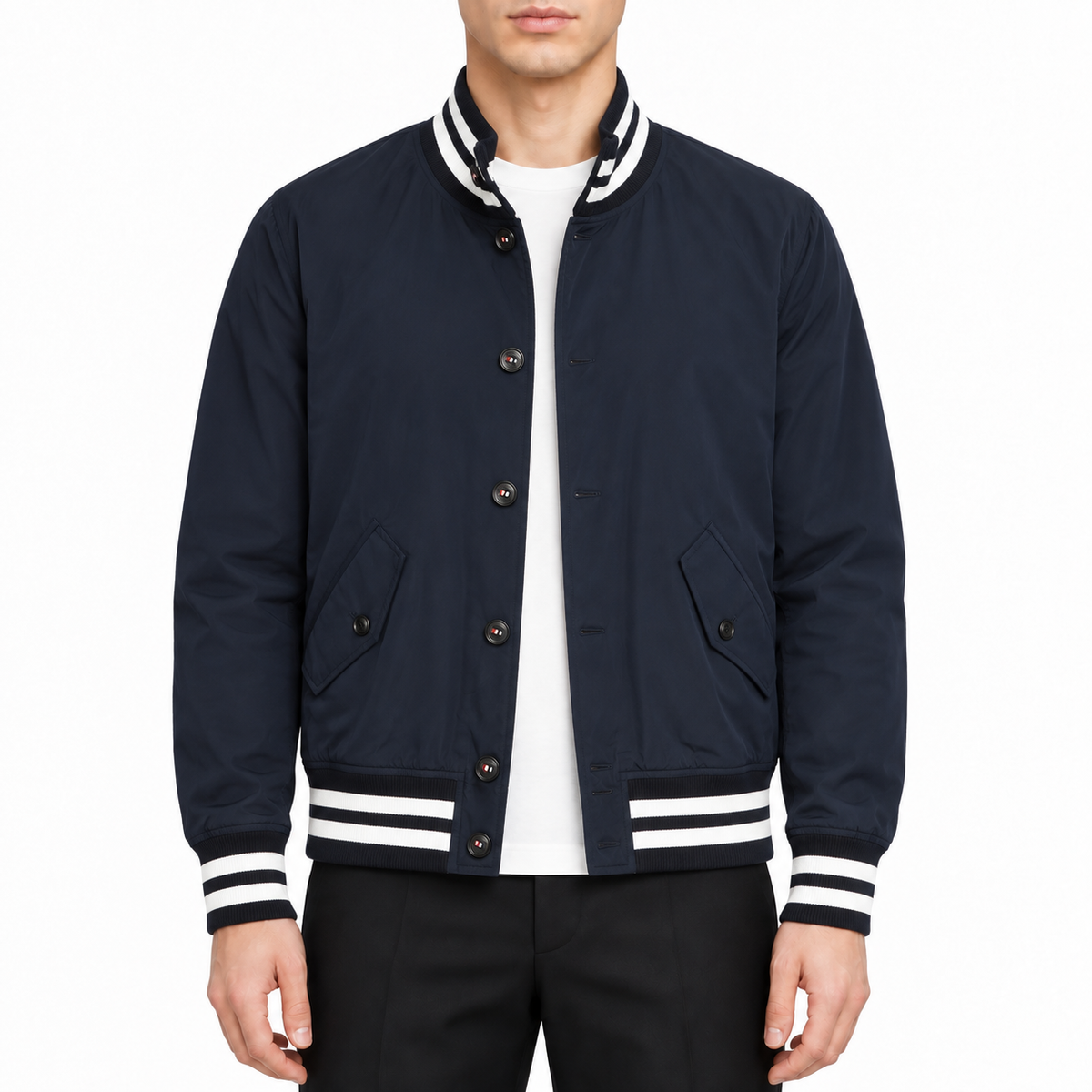 Men's jacket by Thom Browne, modeled on a pure white background