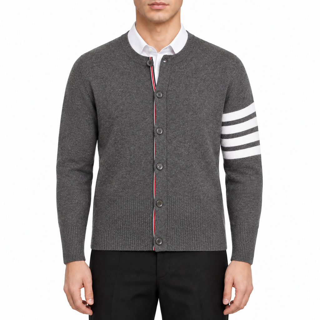 Men's Round neck Cardigan by Thom Browne, modeled on a pure white background