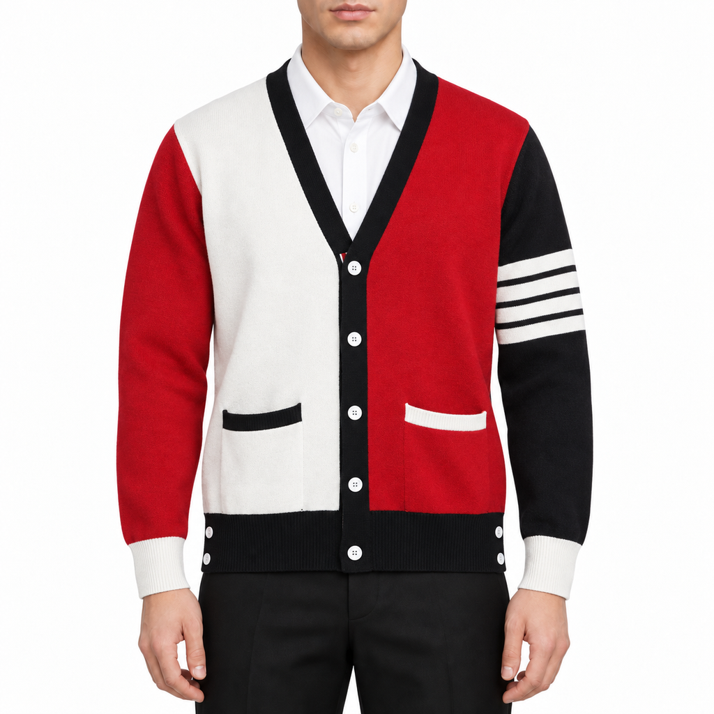 Sweater Jacket by Thom Browne, modeled on a pure white background