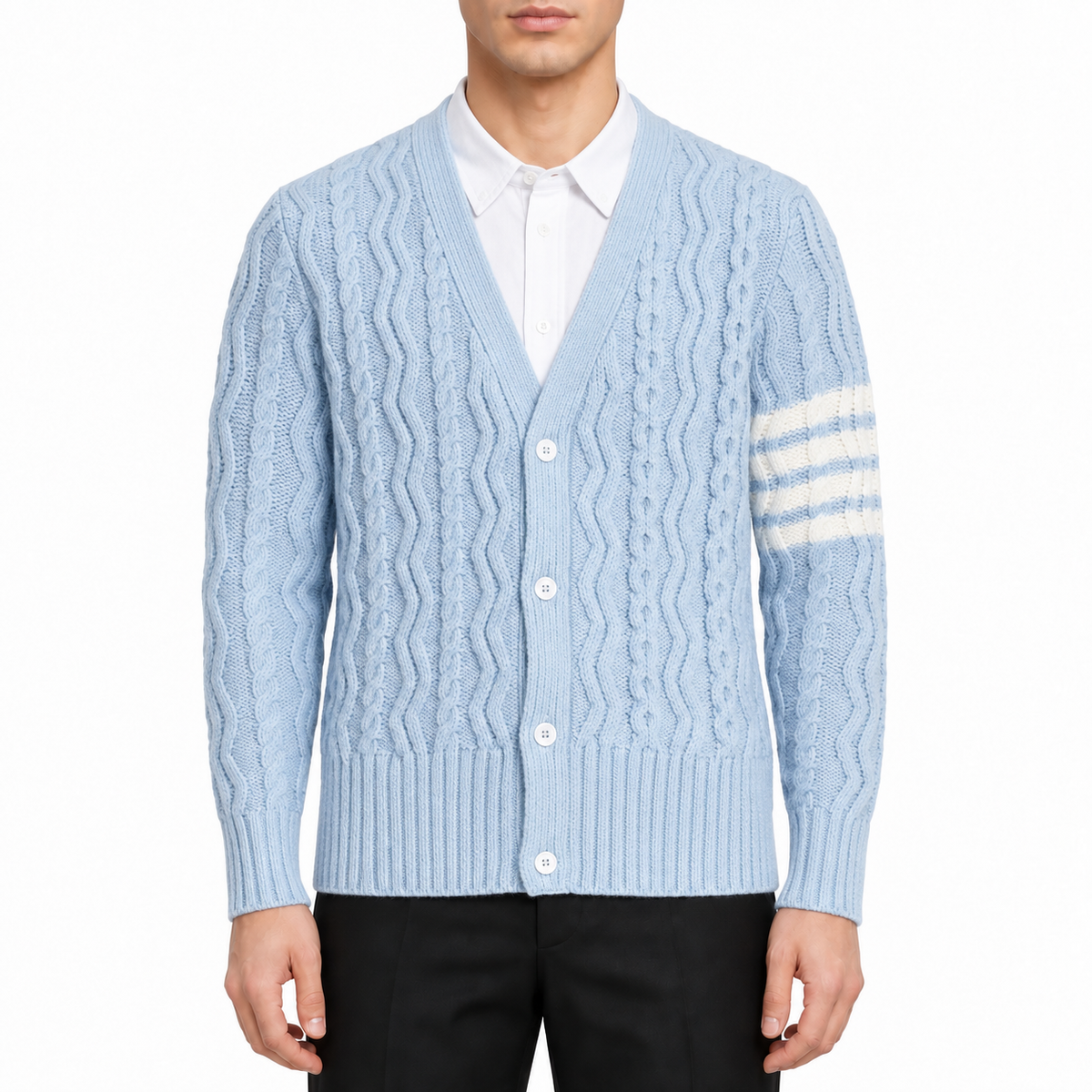 Sweater Jacket by Thom Browne, modeled on a pure white background