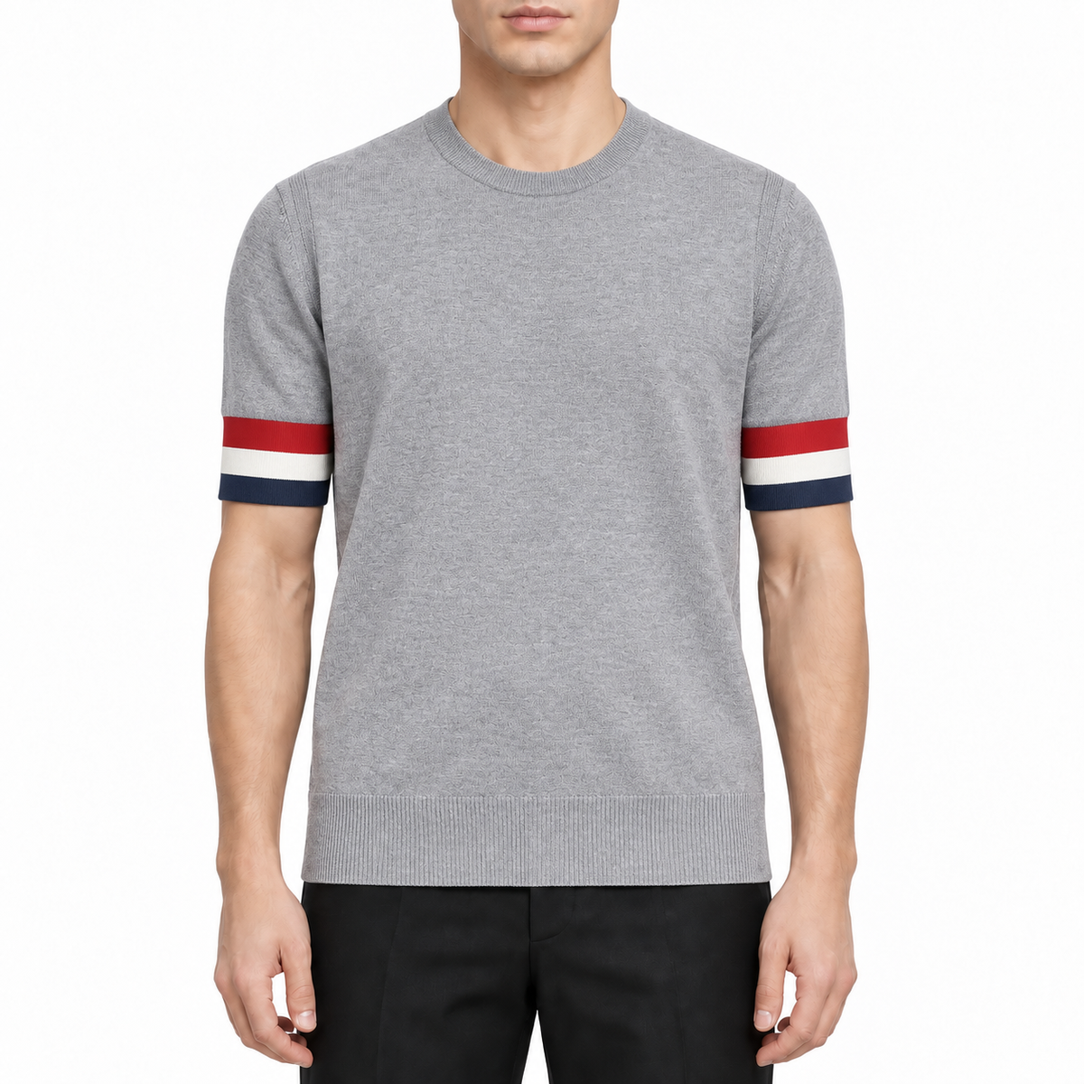 Men's T-Shirt by Thom Browne, modeled on a pure white background
