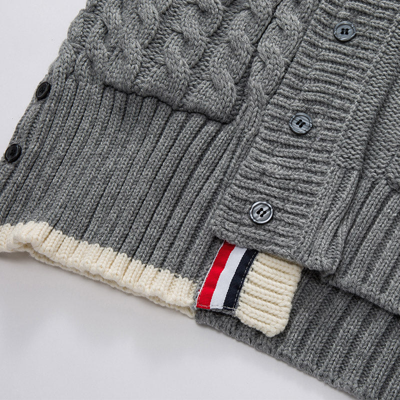 Classic Four-Bar Thickened Wool Cardigan by Thom Browne, knitwear detail view