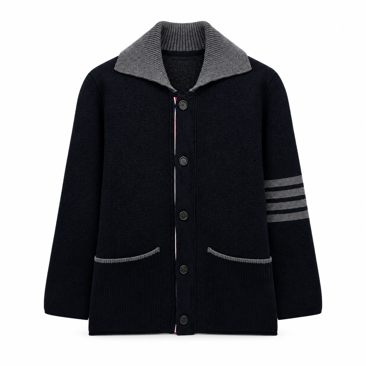 Unisex Lapel Knit Workwear Jacket - 4-Bar Stripe by Thom Browne, outerwear detail view