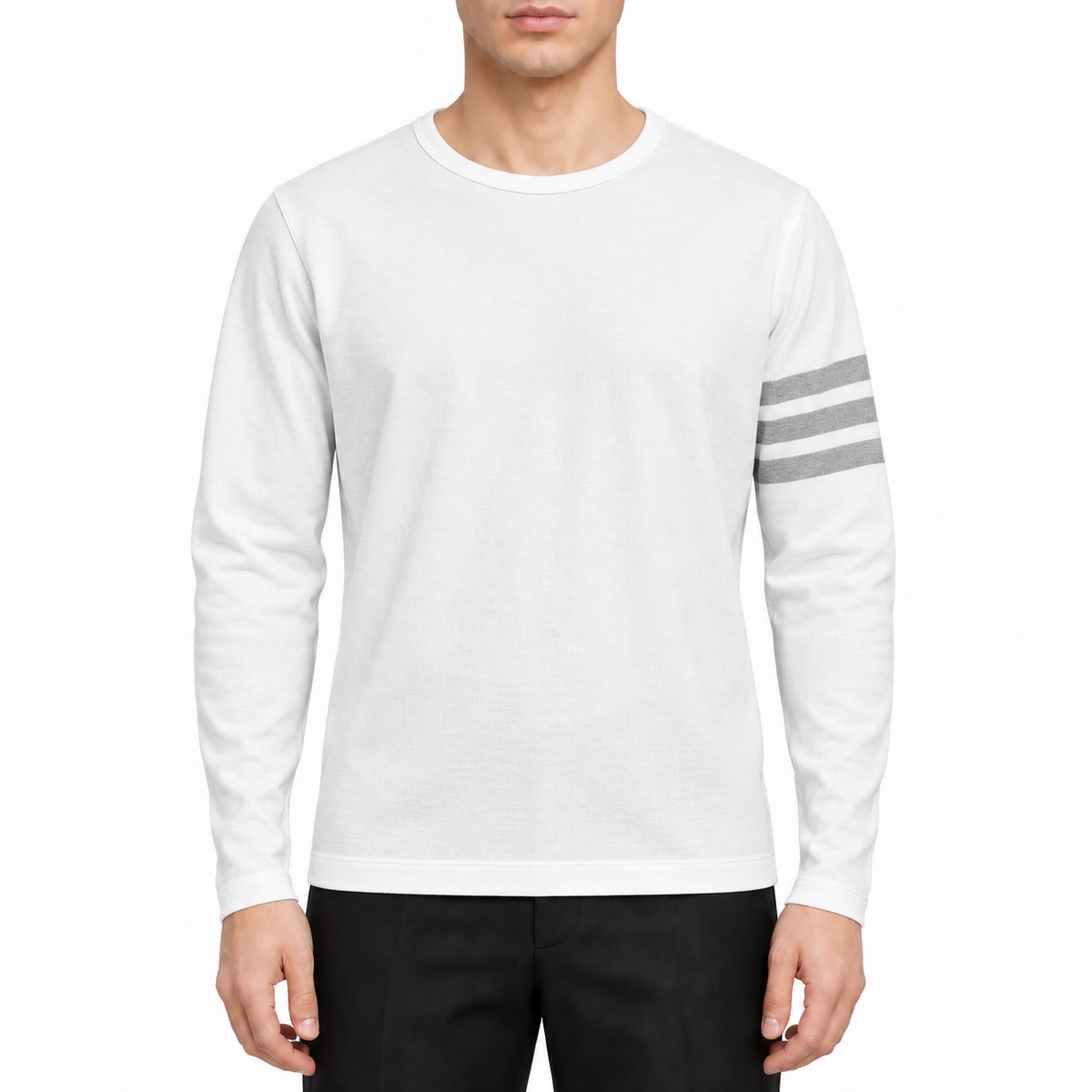 Classic Four-Bar Wool T-Shirt by Thom Browne, modeled on a pure white background