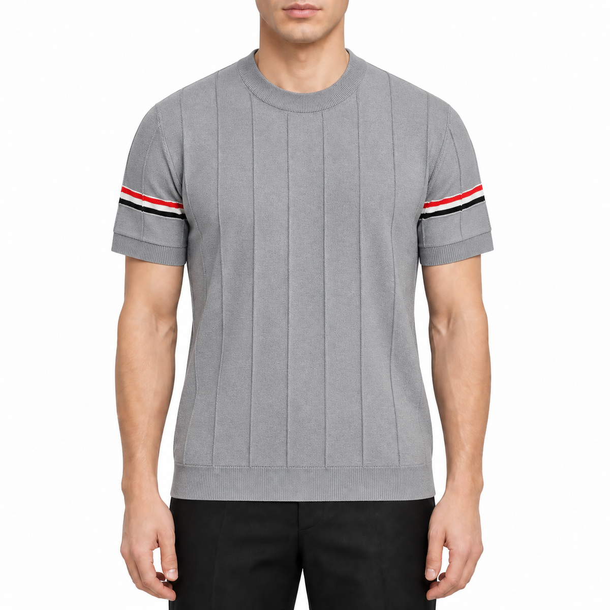 Four-Bar Polo T-Shirt - Men's Classic Button Collar Tee by Thom Browne, modeled on a pure white background