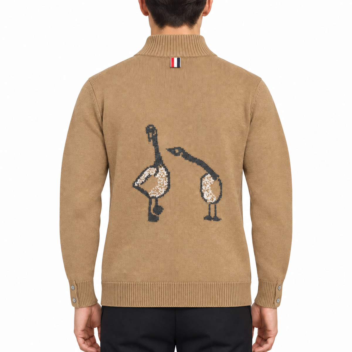 Men's Sweaters by Thom Browne, modeled on a pure white background