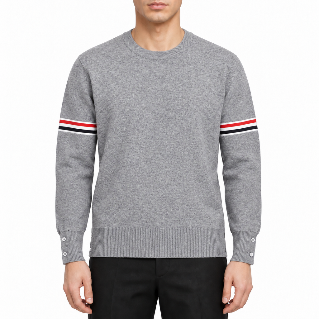 Men's Sweaters by Thom Browne, modeled on a pure white background