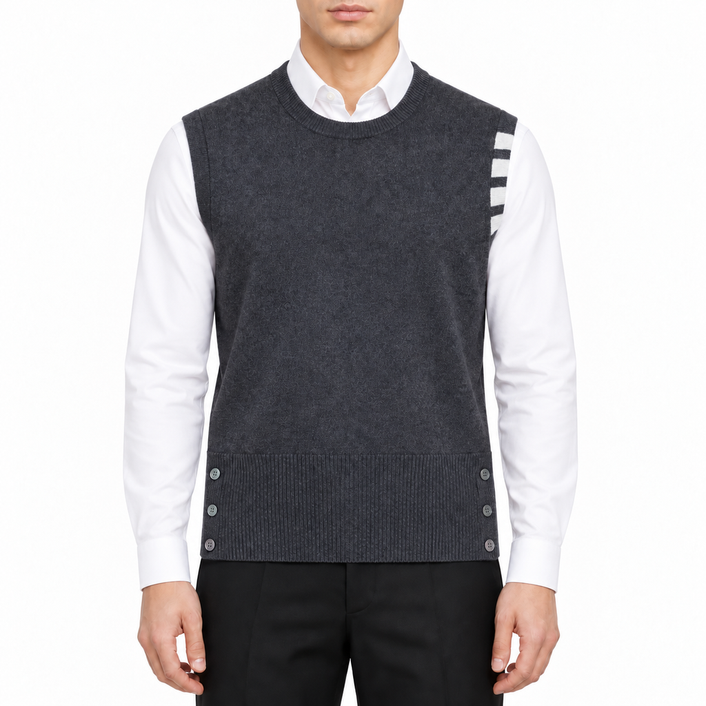 Four-Bar Knit Sweater Vest by Thom Browne, modeled on a pure white background