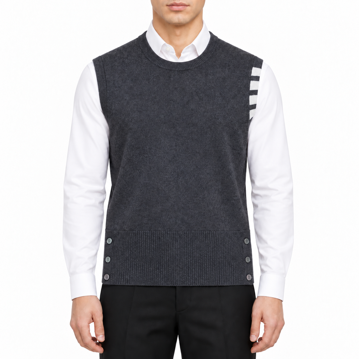 Four-Bar Knit Sweater Vest by Thom Browne, modeled on a pure white background