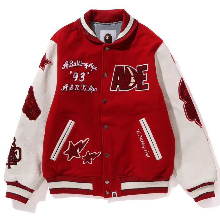 BAPE Leather Long Sleeve Red Baseball Jacket - image 1