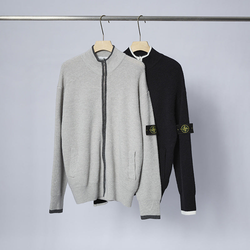 Stone Island Badge Zip-Up Mock-Neck Knit Jacket