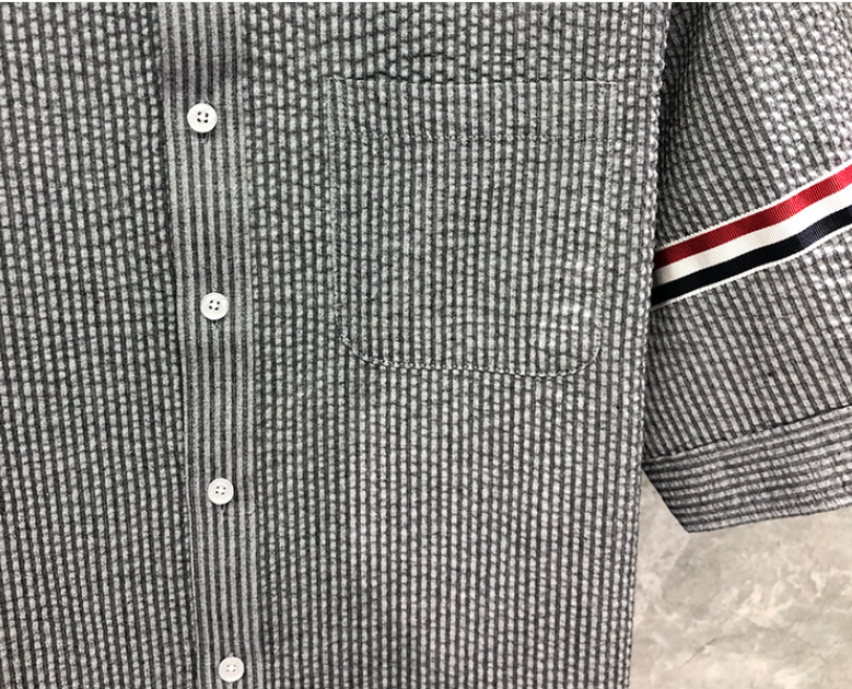 Men's Seersucker Oxford Shirt - Premium Cotton Button Front Dress Shirt by Thom Browne, shirt detail view