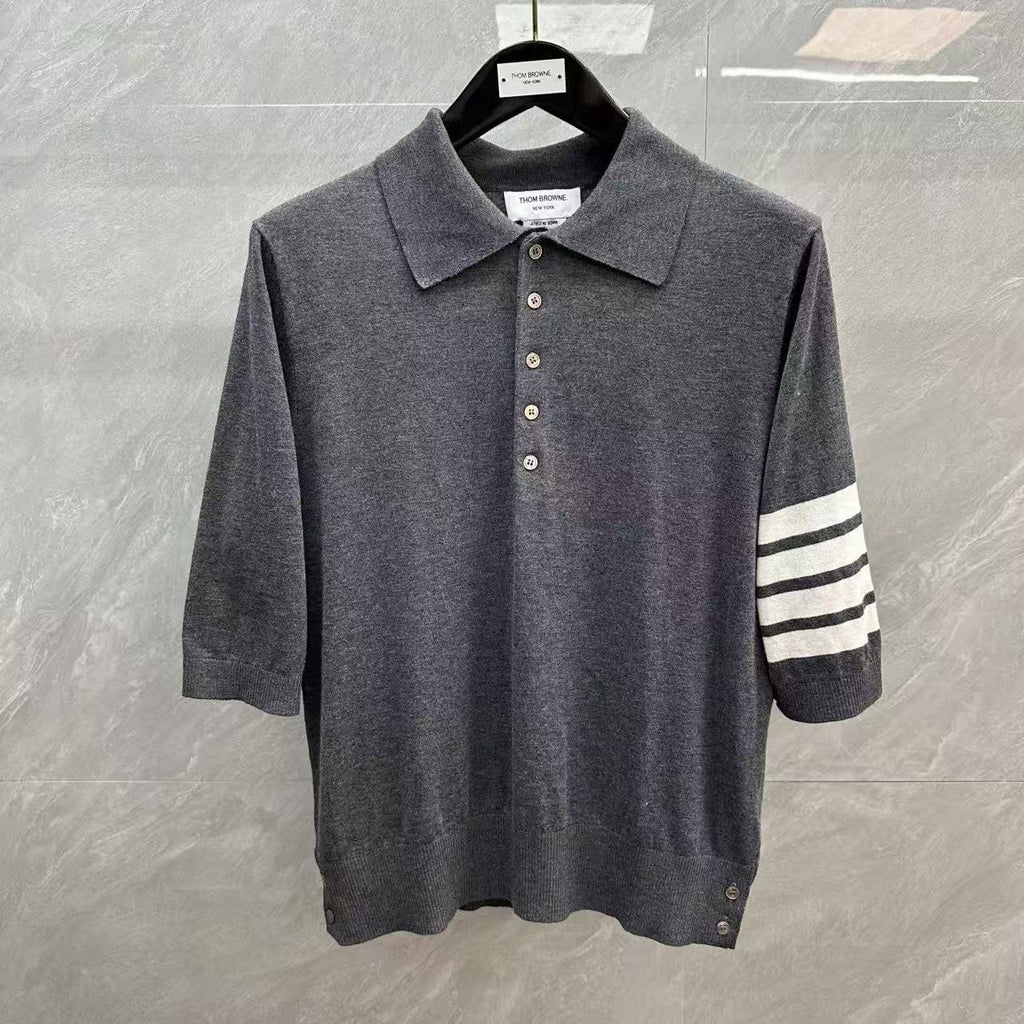 Four-Bar Polo Collar Short Sleeve Shirt by Thom Browne, product detail view