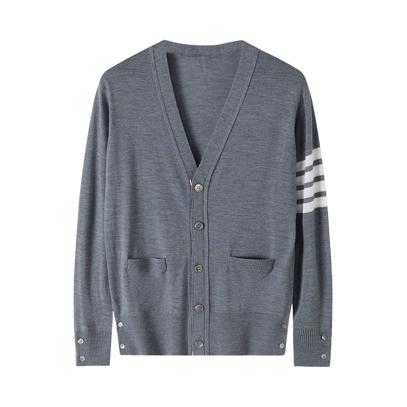 Unisex V-neck thin cardigan by Thom Browne, knitwear detail view