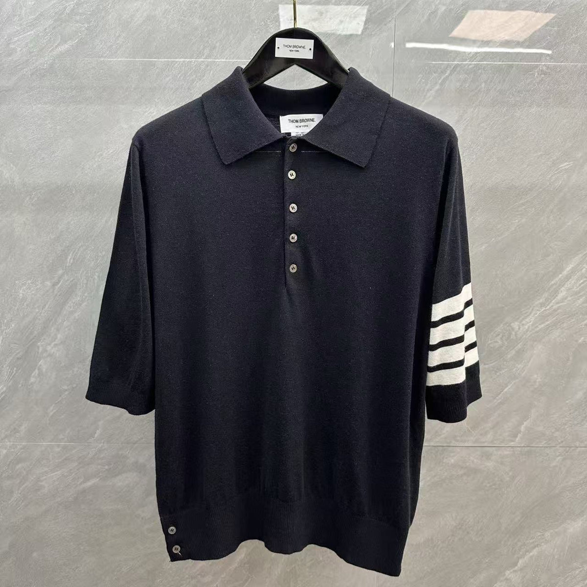 Four-Bar Polo Collar Short Sleeve Shirt by Thom Browne, product detail view
