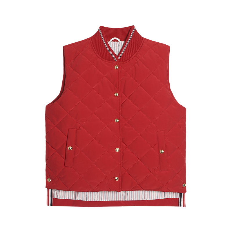 Unisex sleeveless vest jacket by Thom Browne, outerwear detail view