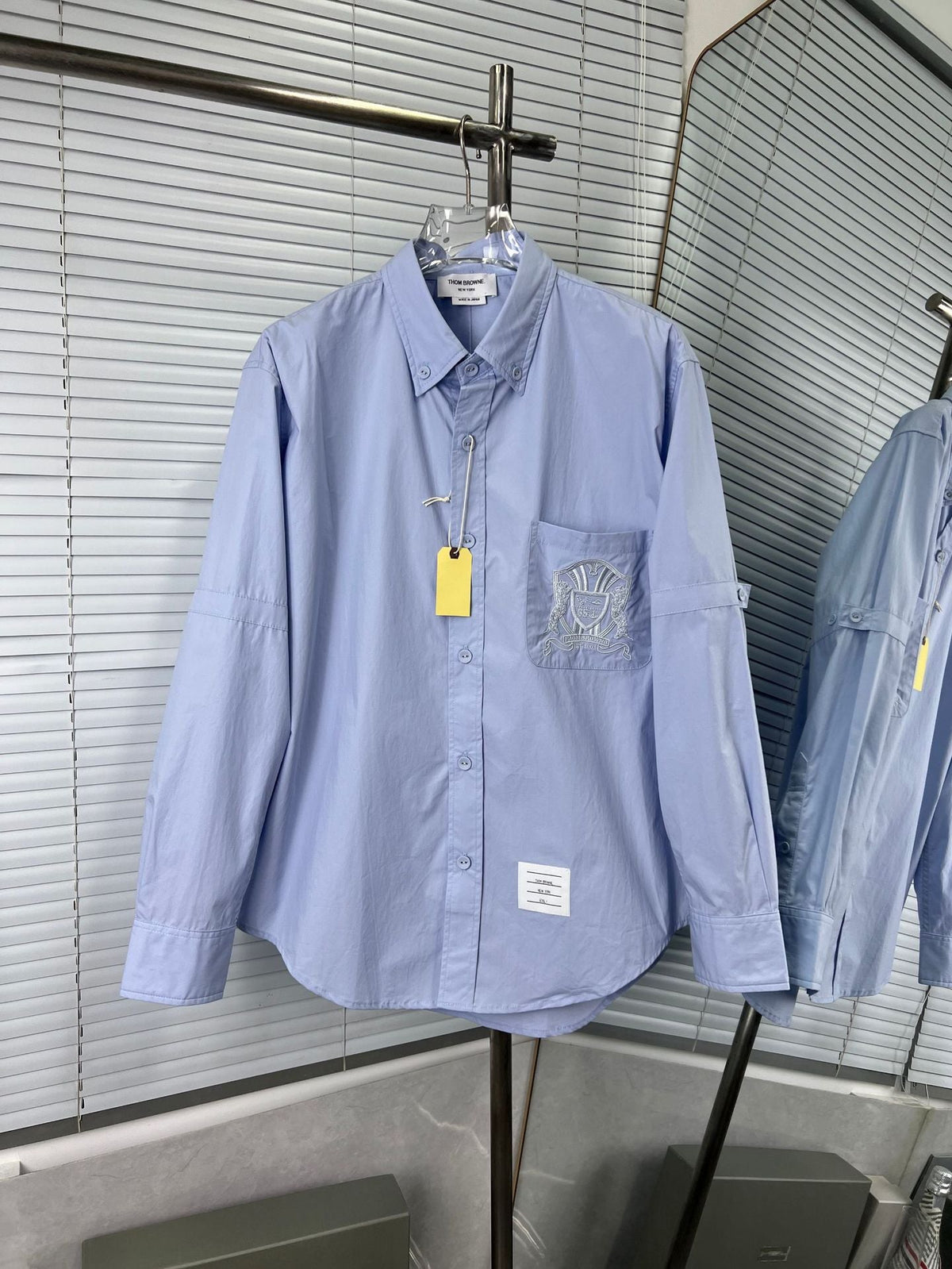 Pocket Crest Embroidered Oversized Poplin Shirt - Long Sleeve by Thom Browne, shirt detail view