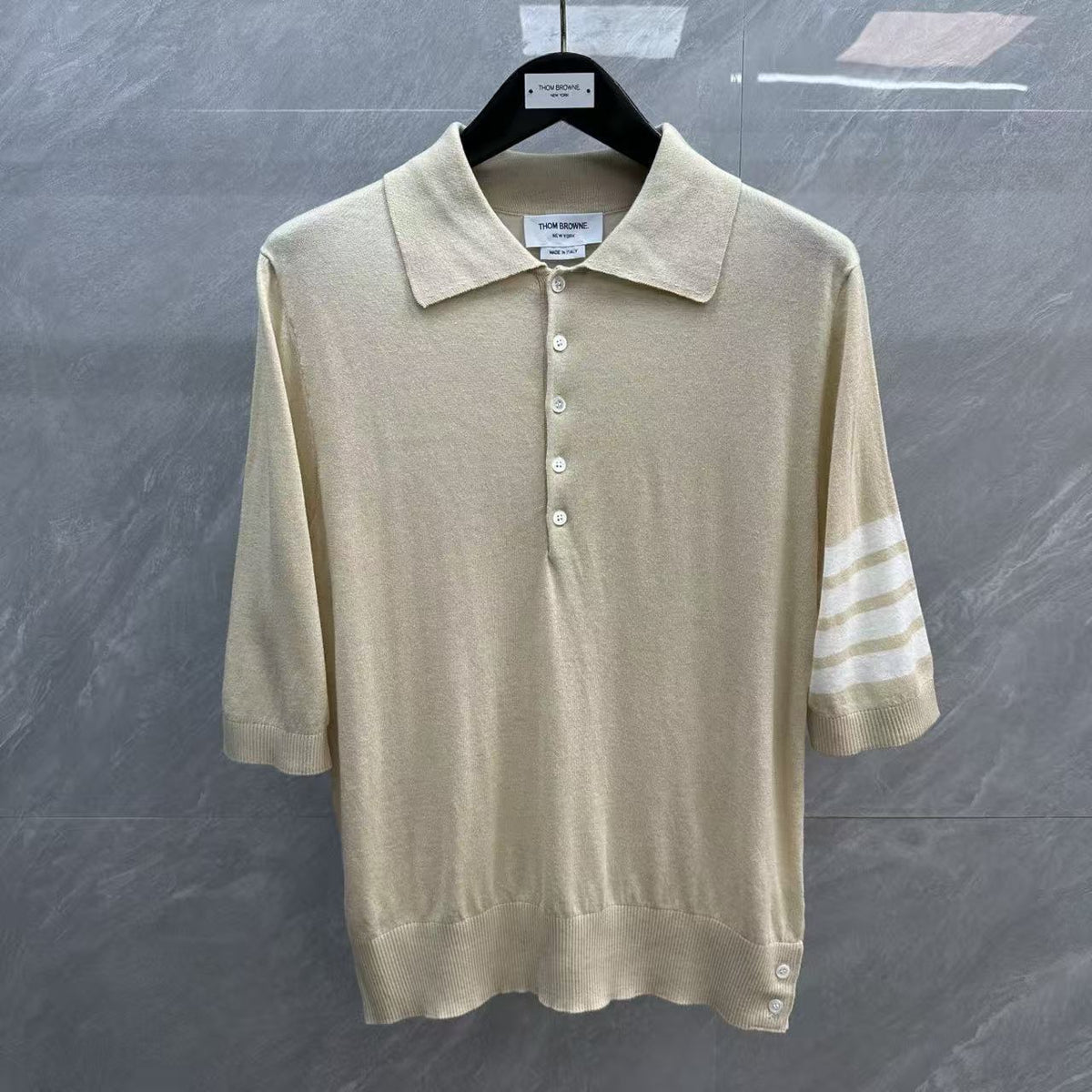 Four-Bar Polo Collar Short Sleeve Shirt by Thom Browne, product detail view
