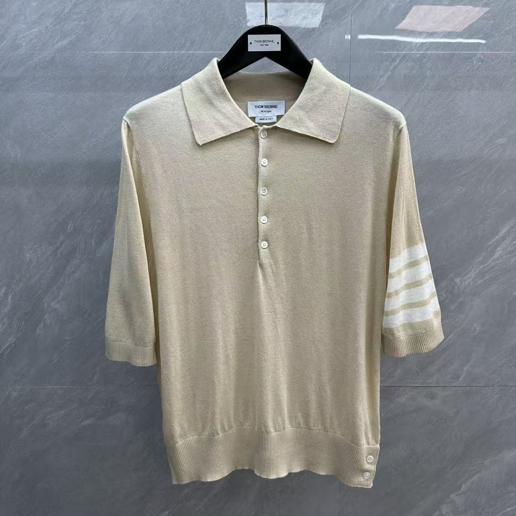 Four-Bar Polo Collar Short Sleeve Shirt by Thom Browne, product detail view
