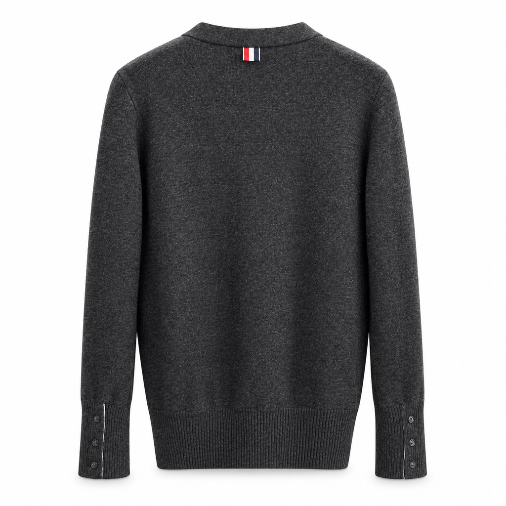 Unisex Two-Tone Cable Knit V-Neck Cardigan - Grey Wool by Thom Browne, outerwear detail view