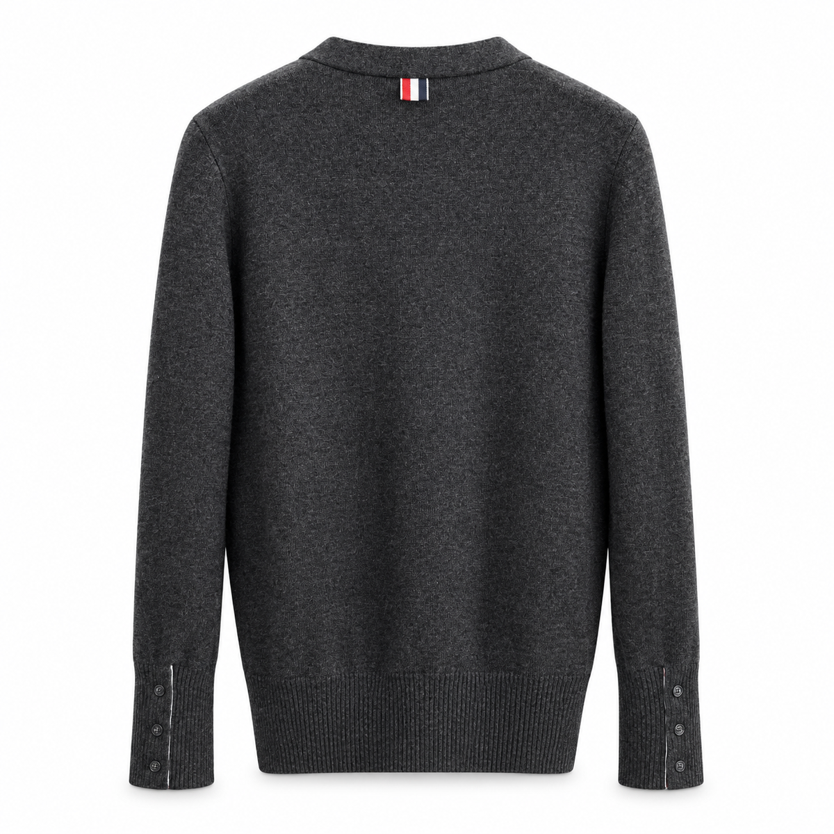 Unisex Two-Tone Cable Knit V-Neck Cardigan - Grey Wool by Thom Browne, outerwear detail view