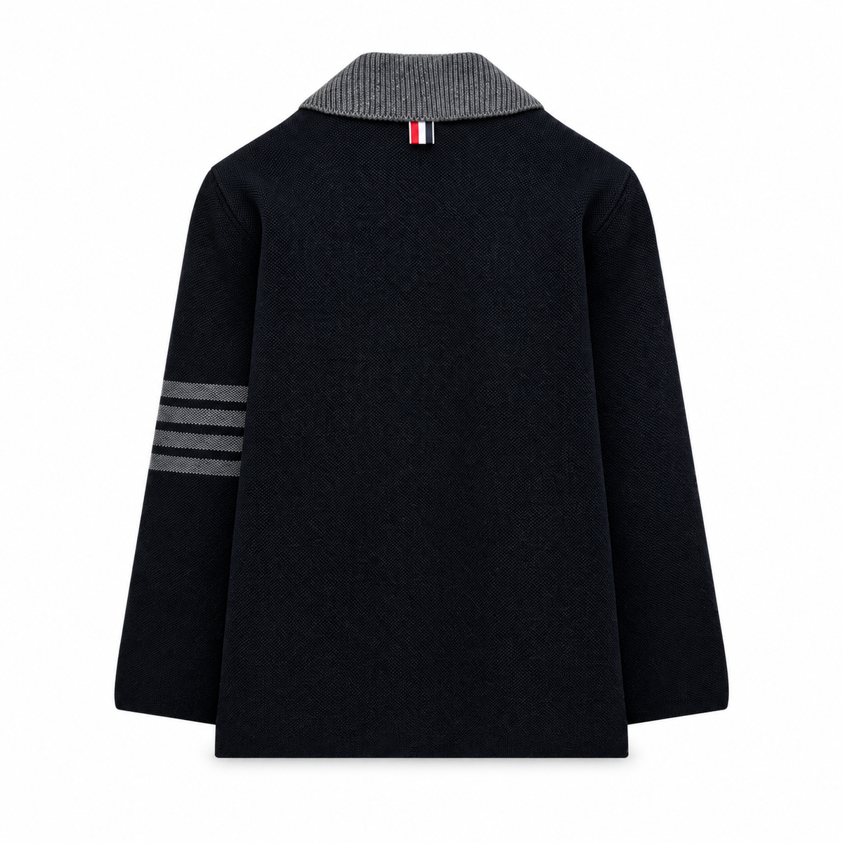 Unisex Lapel Knit Workwear Jacket - 4-Bar Stripe by Thom Browne, outerwear detail view