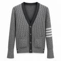 Unisex Two-Tone Cable Knit V-Neck Cardigan - Grey Wool by Thom Browne, outerwear detail view