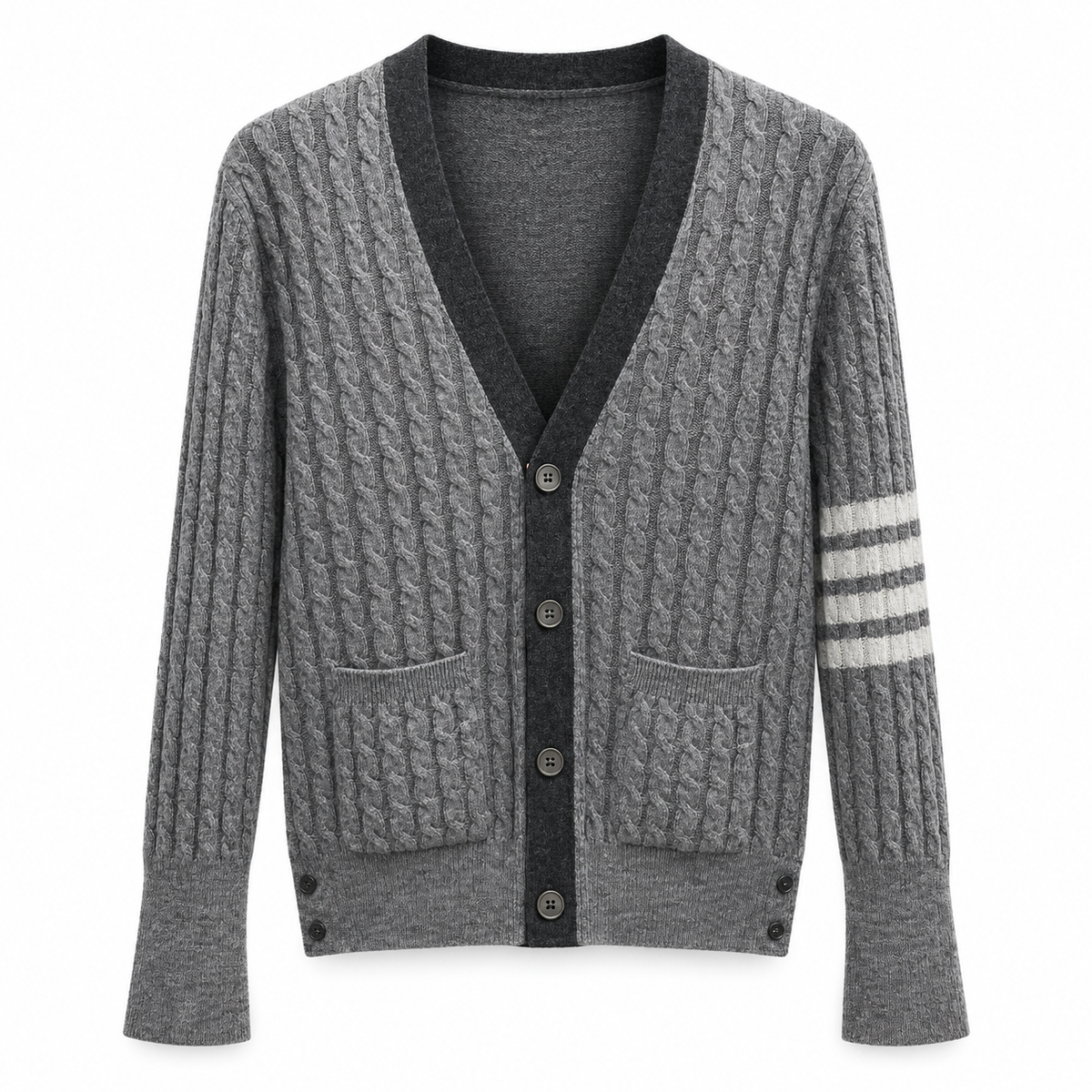 Unisex Two-Tone Cable Knit V-Neck Cardigan - Grey Wool by Thom Browne, outerwear detail view