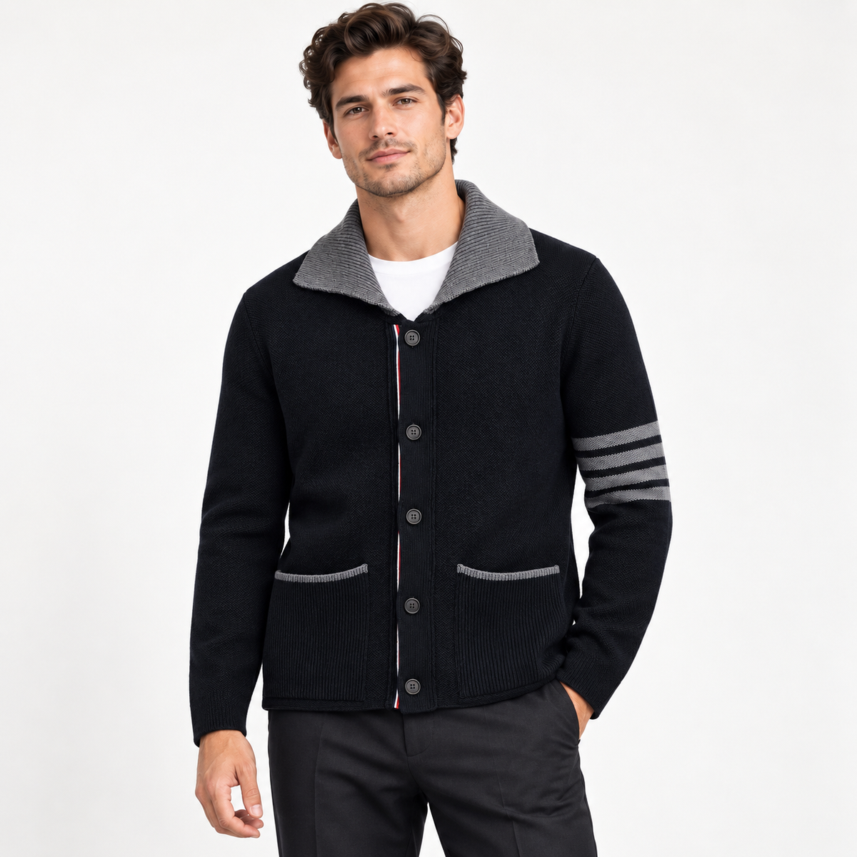 Unisex Lapel Knit Workwear Jacket - 4-Bar Stripe by Thom Browne, outerwear detail view