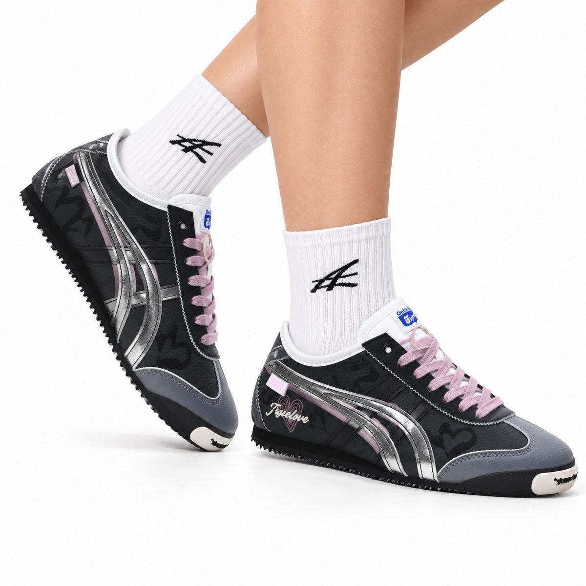 Onitsuka Tiger Retro Low Top Black Pink Silver Unisex Shoes Style 25 main angled pair view